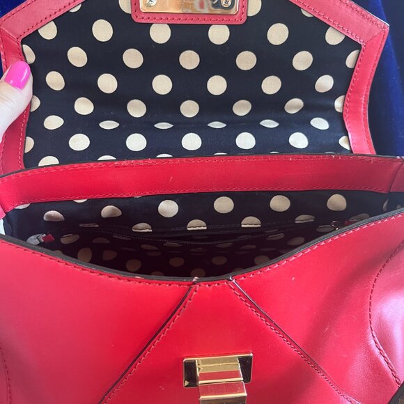 Kate Spade Red Leather Handbag with Black Poka Dot Lining - Picture 3 of 12